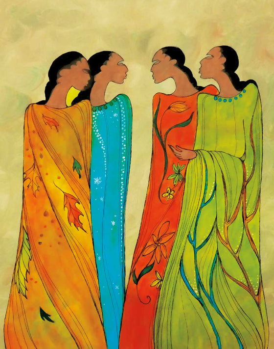 Four women wearing different colour dresses consiting of orange, blue, red, and green. The background is a light green. The artist is Maxine Noel, who was born in Manitoba of Santee Oglala Sioux parents.