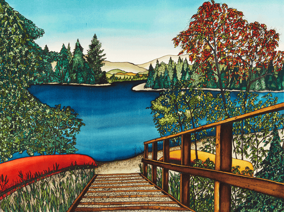 This print shows two canoes lying on their sides on a lakeside beach.  A wooden staircase comes out of the bottom of the picture and leads to the waterfront. The lake is surrounded by tall grass and some trees. The water is a rich, shimmering blue.