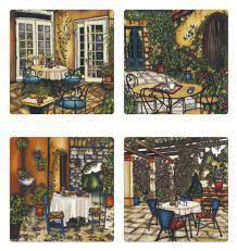 Set of four Montreal patio scene coasters featuring different images of patios in Montreal