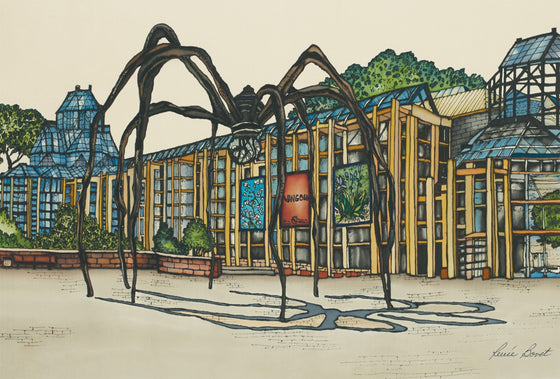 This magnet shows the famous Maman sculpture outside of the National Gallery of Canada. The imposing arachnoid sculpture casts a strange shadow on the ground. The outer walls of the gallery are made of bluish glass with yellow support struts. The picture is richly coloured. The artist’s signature is at the bottom of the magnet.