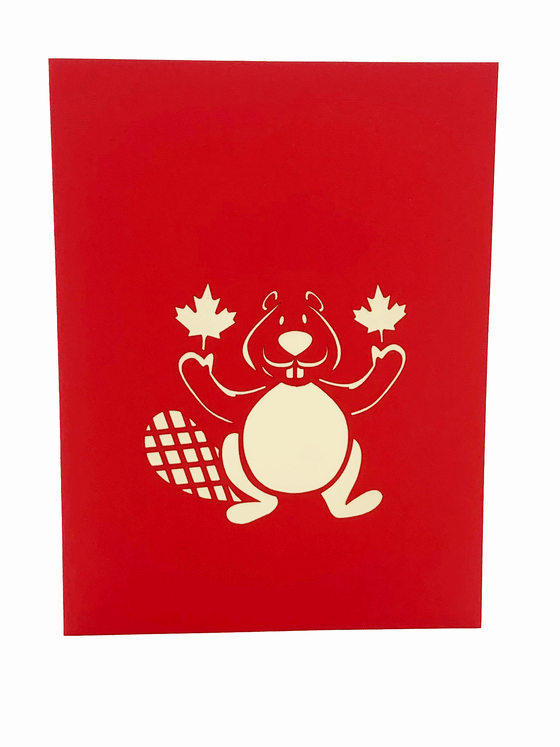 A beautiful 3D pop-up art card featuring a beaver with a Mountie hat and cheerfully waving a Canadian flag