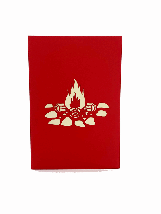A beautiful camping 3D pop-out art card featuring a red and blue tent with a  campfire beside it and mountain and stair details at the corner of the card
