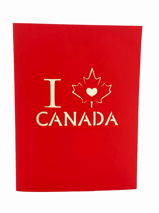 A beautiful I Love Canada 3D pop-up art card with a pop out that says "Canada Loves You"