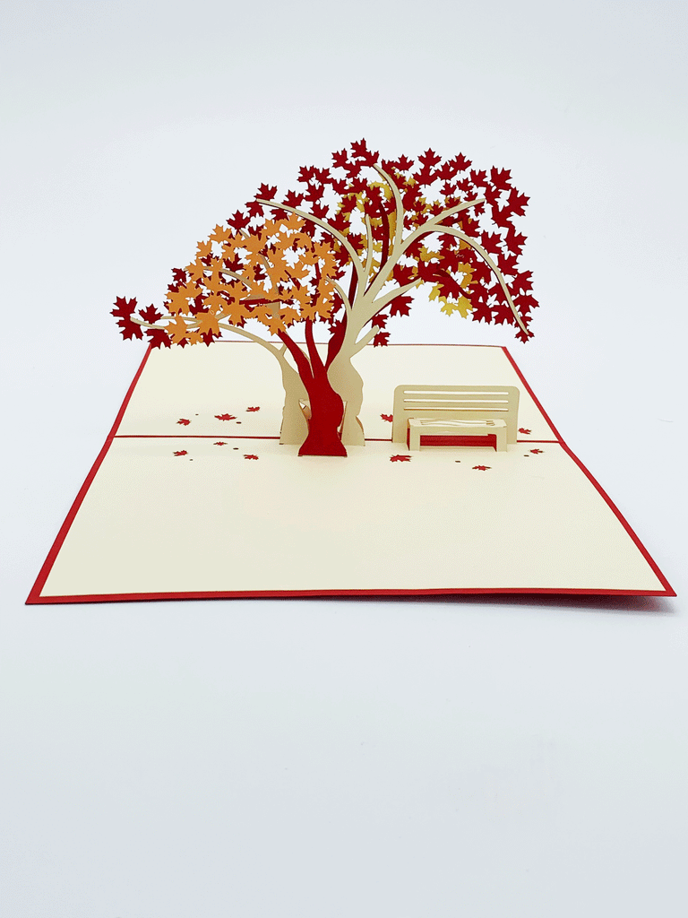 Inside of card. 3-D Maple tree with white and red branches. The leaves are red, yellow and orange. There is a bench beside the tree that is also 3-D. Maple leaves are flat on the page surrounding the tree and the bench.
