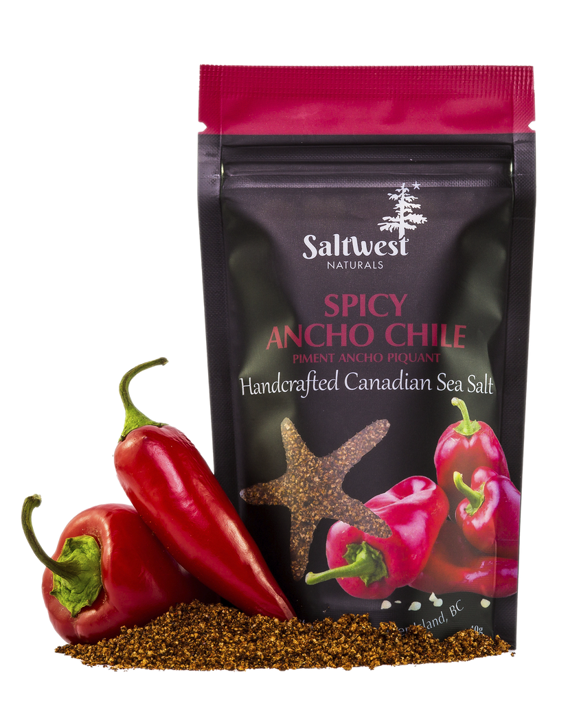45g of Spicy Ancho Chile Sea Salt. Salt is in a black standing bag, with a picture of some spicy red peppers. There is also a transparent cutout of a starfish.
