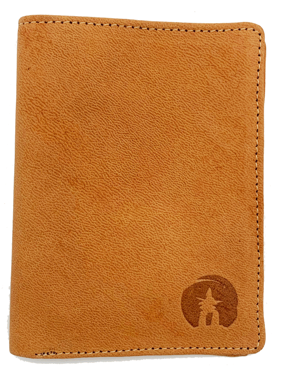Rectangular Tan wallet formed using sealskin, and has an inukshuk emblem in the bottom right corner of the wallet.