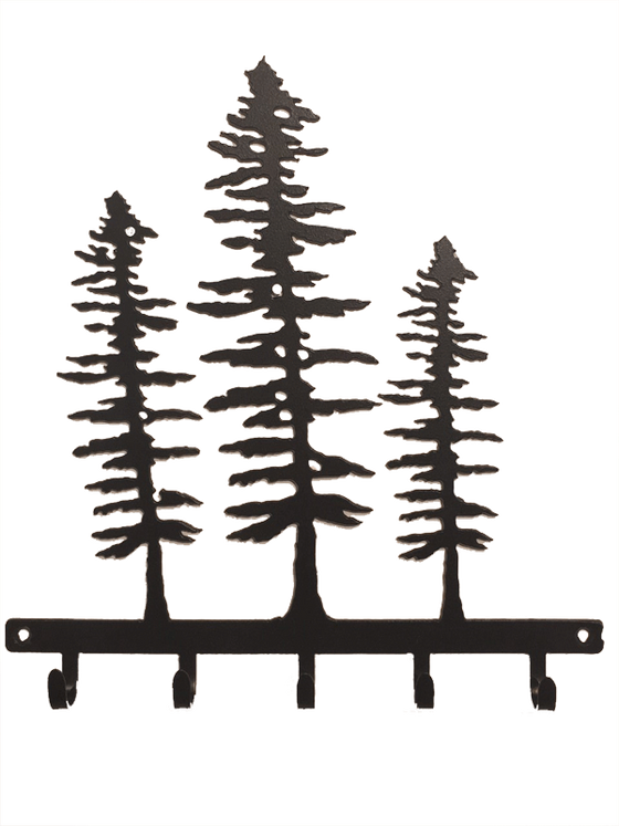 This metal sculpture shows the matte black silhouette of three Sitka pine trees. Each tree is a different size, with the largest in the middle and smallest at right. The trees are tall but slim. Their short, broad branches are about the same length along the whole tree, except at the top where they form a point. At the base of the trees is a narrow metal strip from which five hooks emerge. The metal strip has two holes punched through it, allowing the piece to be nailed or screwed into a wall.