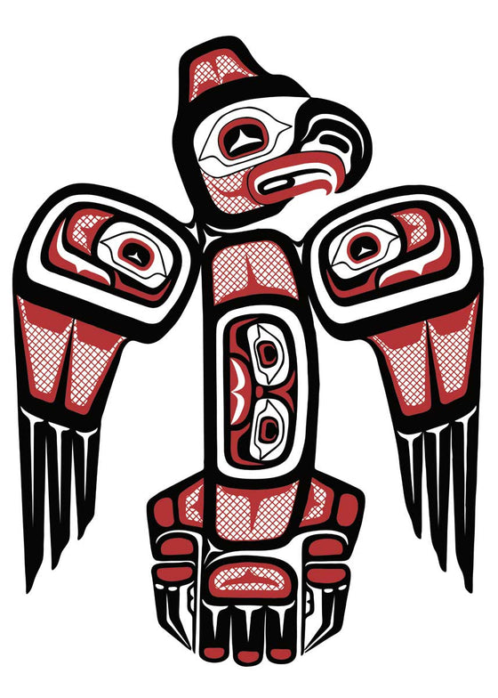 An eagle drawn in the Haida style. The lines of the eagle are black. The shapes within the lines are red and white. A human-like face can be seen on the eagle’s stomach. This Canadian Indigenous print was painted by Llyod H. Harsch, a member of the Skidegate Band in British Colombia.