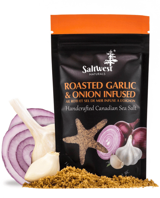 45g of Roasted Garlic and Onion Infused Sea Salt. Salt is in a black standing bag, with a picture of a sliced red onion, and a full garlic clove.There is also a transparent cutout of a starfish.