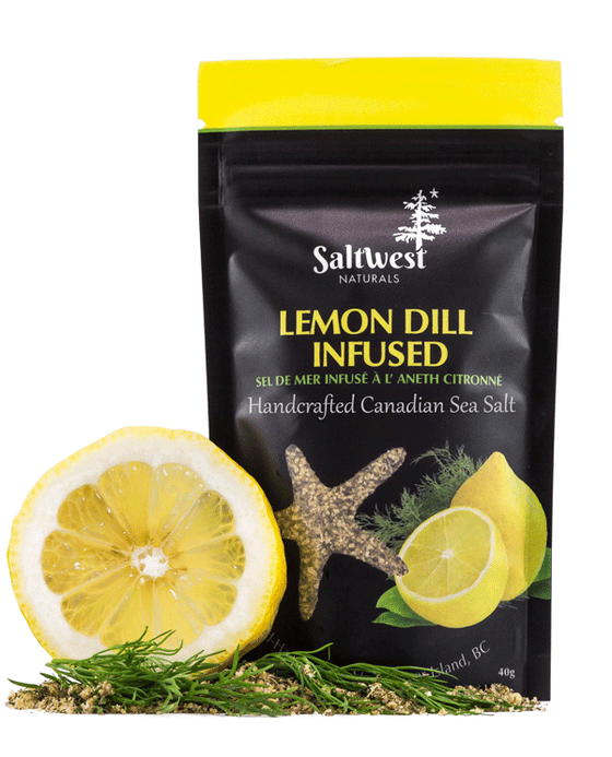 45g of Lemon Dill Infused Sea Salt. Salt is in a black standing bag, with a picture of a cut lemon, and some dill herb. There is also a transparent cutout of a starfish.