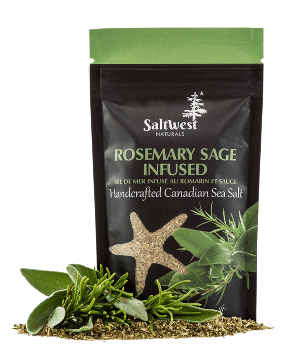 45g of Rosemary Sage Infused Sea Salt. Salt is in a black standing bag, with a picture of a sage plant, and some rosemary sprigs.There is also a transparent cutout of a starfish.