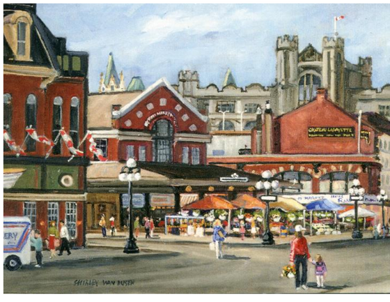 This Canadian art card shows the Byward market on a sunny day. Several people are walking around the red brick buildings. Street vendors have set up awnings and tables to sell plants and produce. Shirley Van Dusen uses a painterly art style, giving this piece a classical feeling.