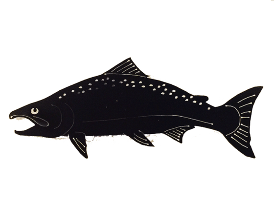 This metal sculpture shows the matte black silhouette of a realistic salmon. Its wide mouth and arched back suggest it is preparing to spawn. Delicately punched metal provides the details of its fins and the speckling across its back.
