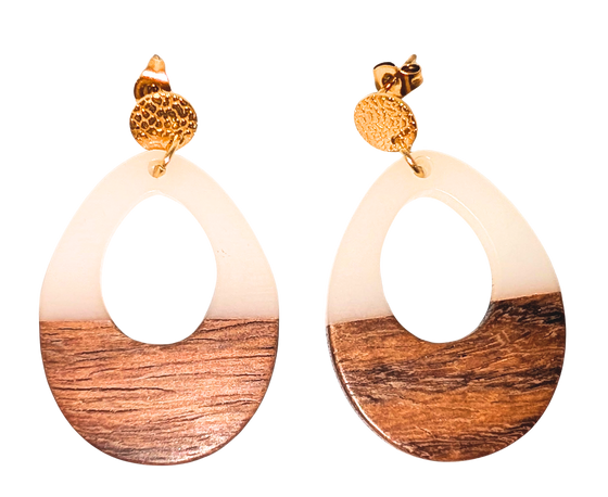 White and Walnut Earrings Teardrop with Cutout