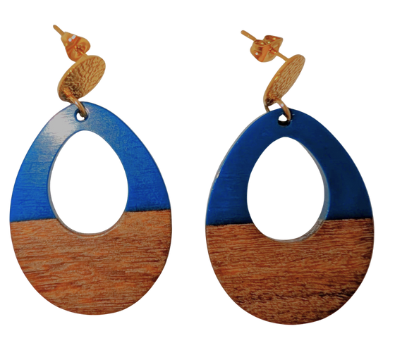 Blue and Walnut Earrings Teardrop with Cutout