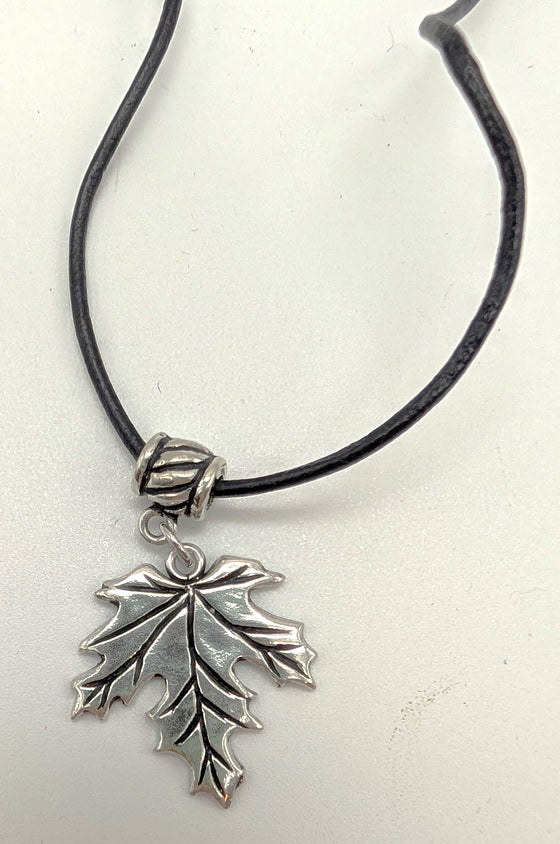 Maple Leaf Pendant Black Leather Cord Necklace