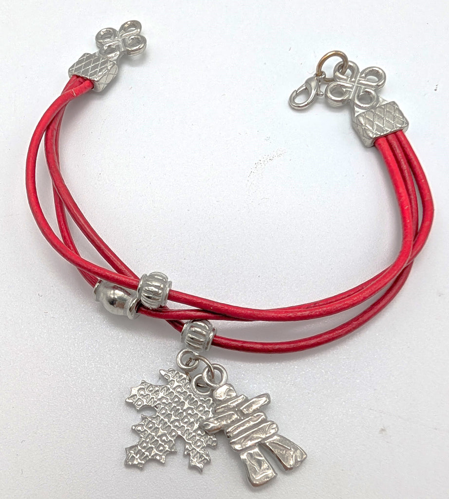 Red Leather Bracelet - Inukshuk & Maple Leaf Charms