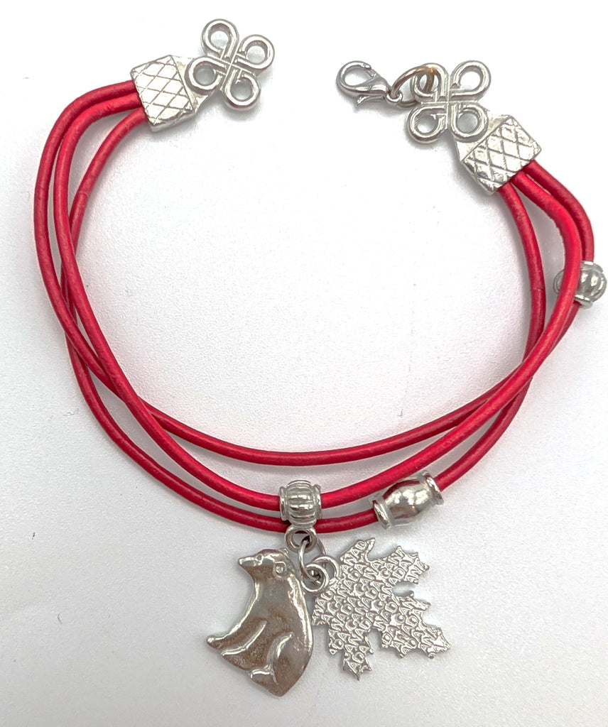 Red Leather Bracelet - Polar Bear & Maple Leaf Charms
