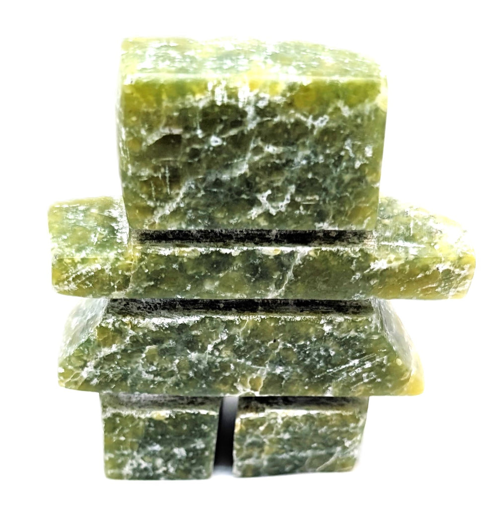 A very square green marbled inukshuk soapstone carving.