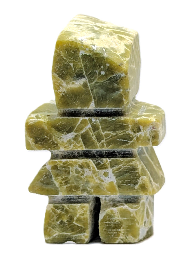 A rectangular green marbled inukshuk soapstone carving.