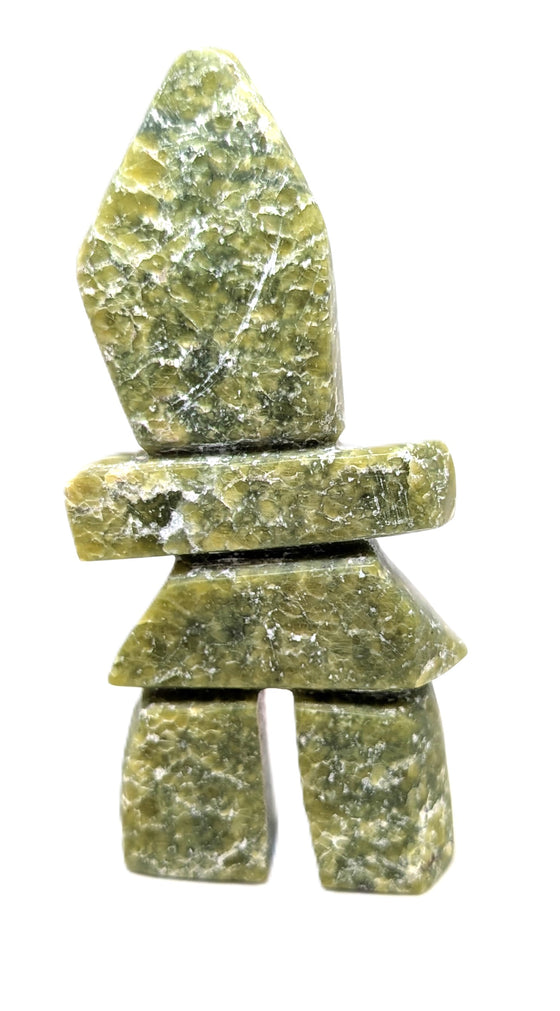 A green marbled inukshuk soapstone carving.