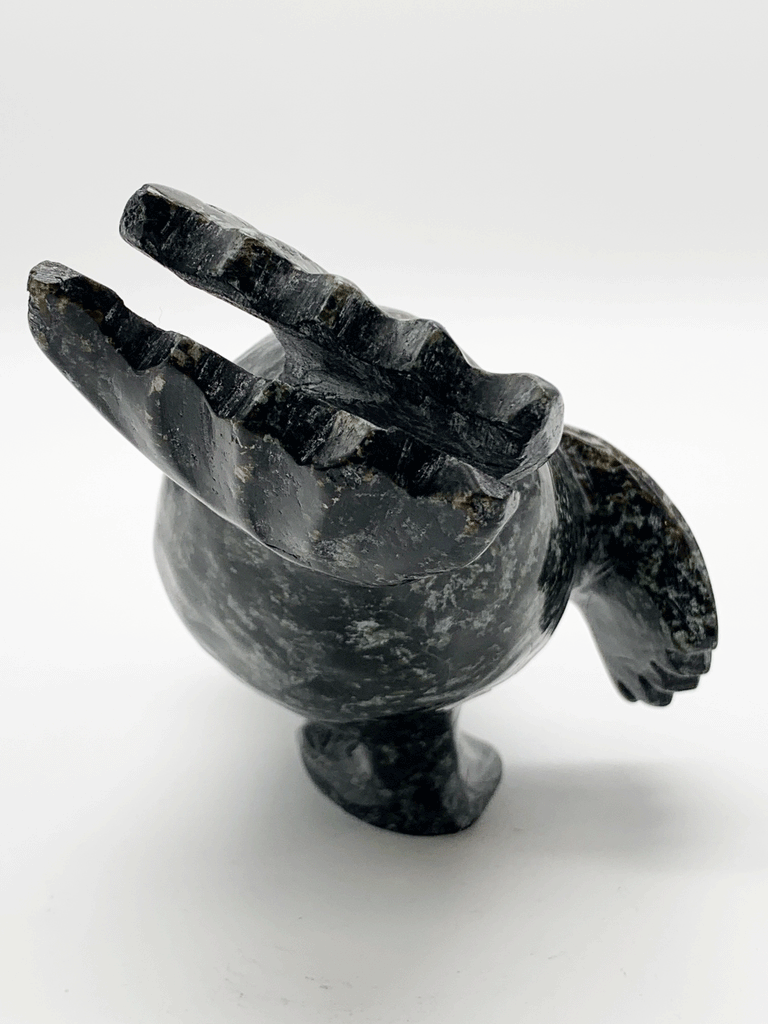 A walrus plunges into the water in this piece balanced to stand on one foreflipper. The stone is naturally mottled brown and black. Two bone tusks attach to the head.