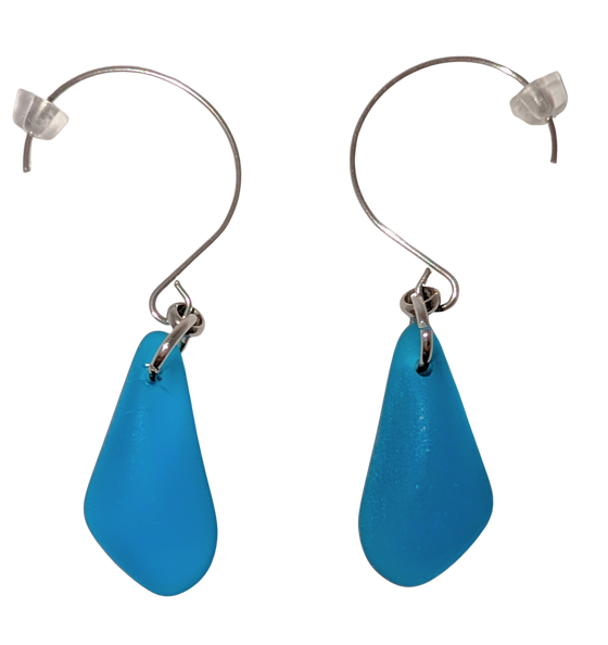 Blue teardrop sea glass earrings with silver hooks.