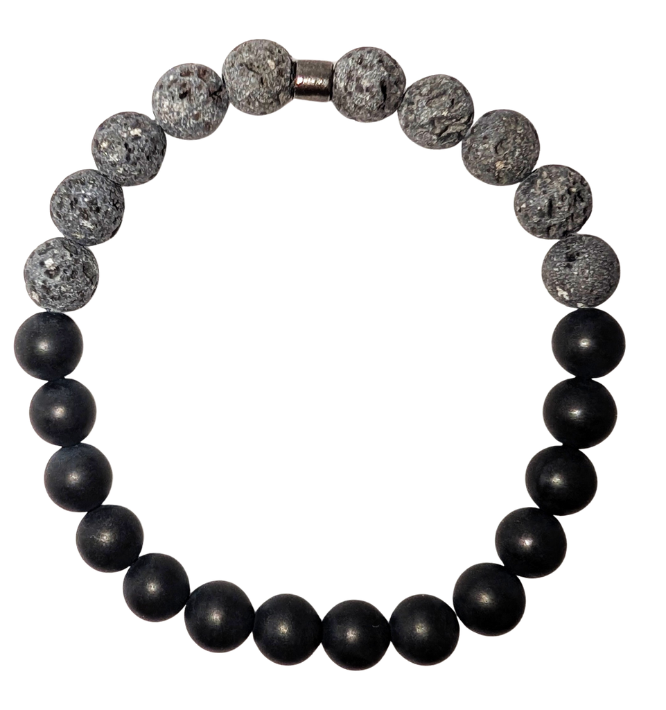 Bracelet with one half of black agate beads and the other with black lava beads.