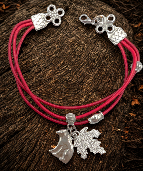 Red Leather Bracelet - Polar Bear & Maple Leaf Charms