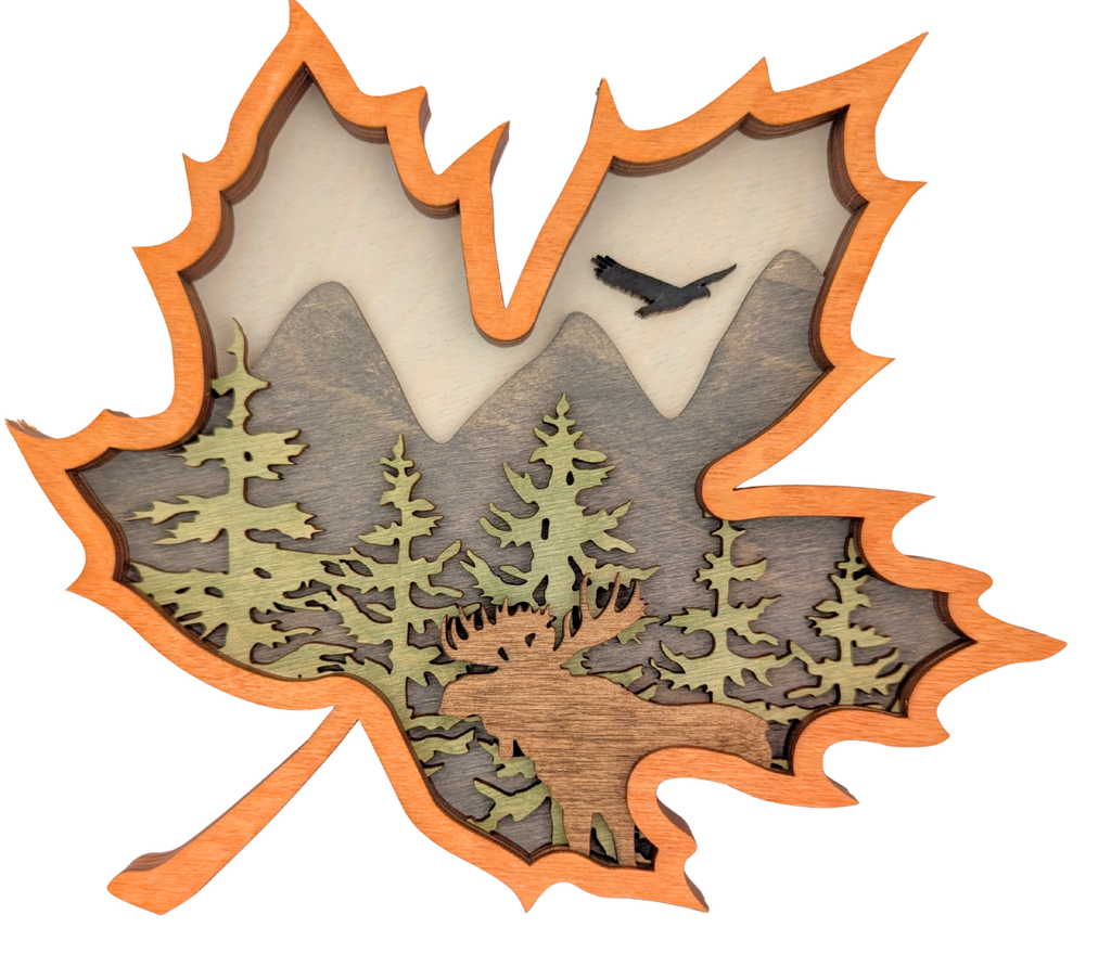 Maple Leaf Shaped Wood Art Forest Scene