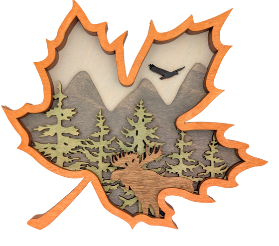 Maple Leaf Shaped Wood Art Forest Scene
