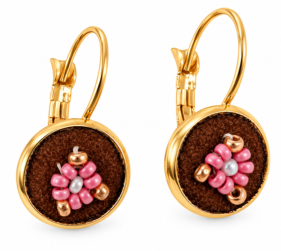 A pair of gold leverback earrings with round brown textured facepalm charms featuring pink and gold beaded flower details, shown on a white background.
