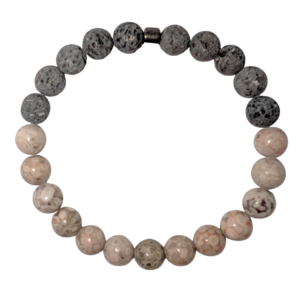 Bracelet with one half of light beige maifan stone beads and the other with black lava beads.