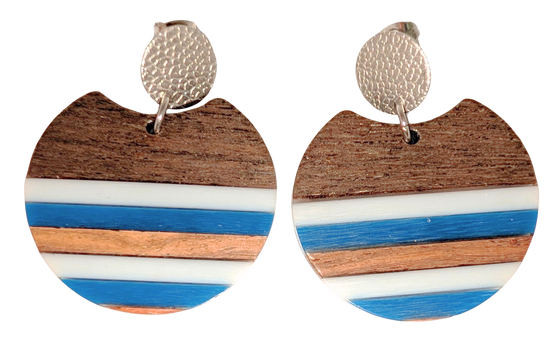Striped Blue White and Walnut Earrings Circle