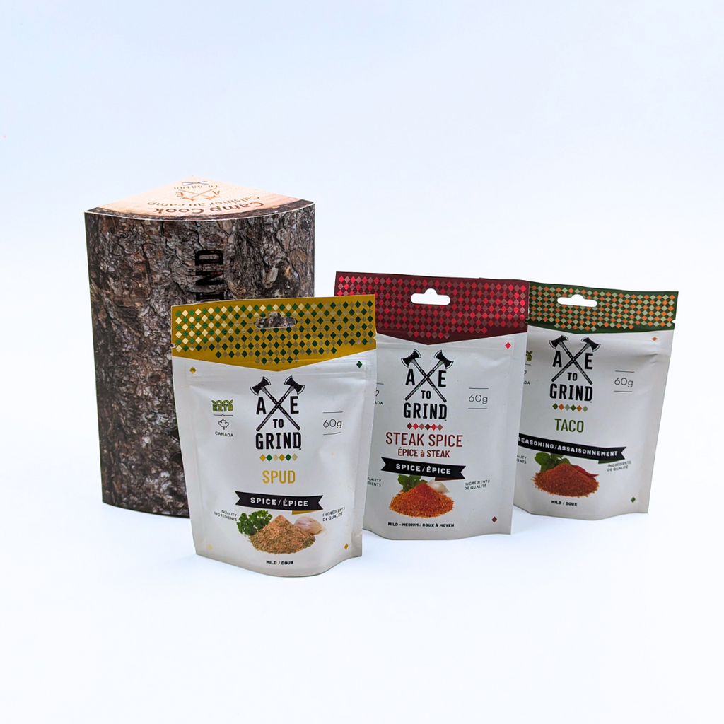 This 3-pack of spice blends is packaged to look like a split log of firewood. The individual spice blends are printed on one of the cut sides. Spices individually packaged in resealable plastic bags.
