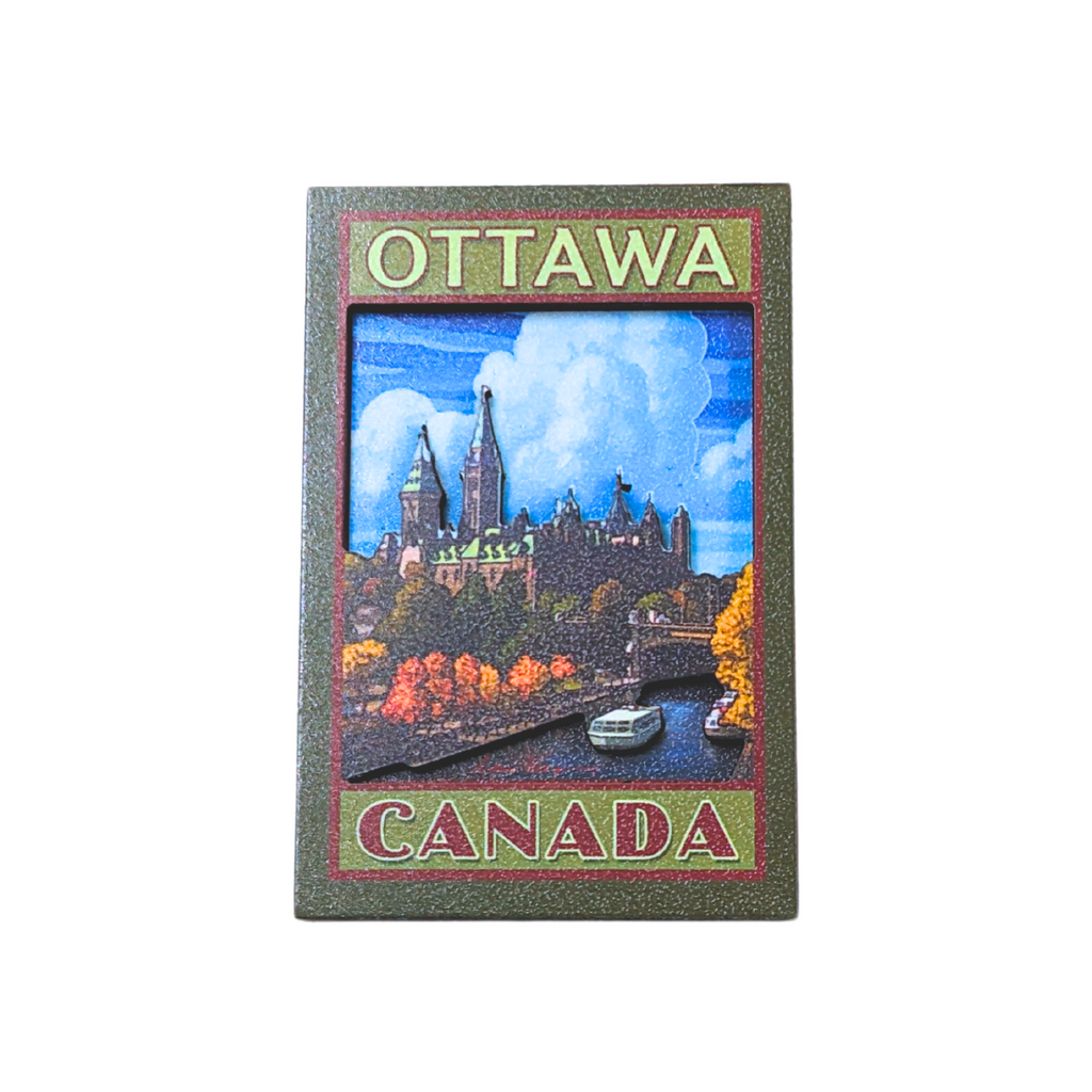 3D wooden ottawa, Canada magnet of the Rideau canal and the parliament building in the background 