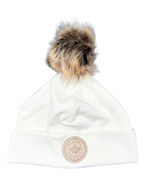 Ottawa Canada Maple Leaf Toque with Pom Pom - Cream