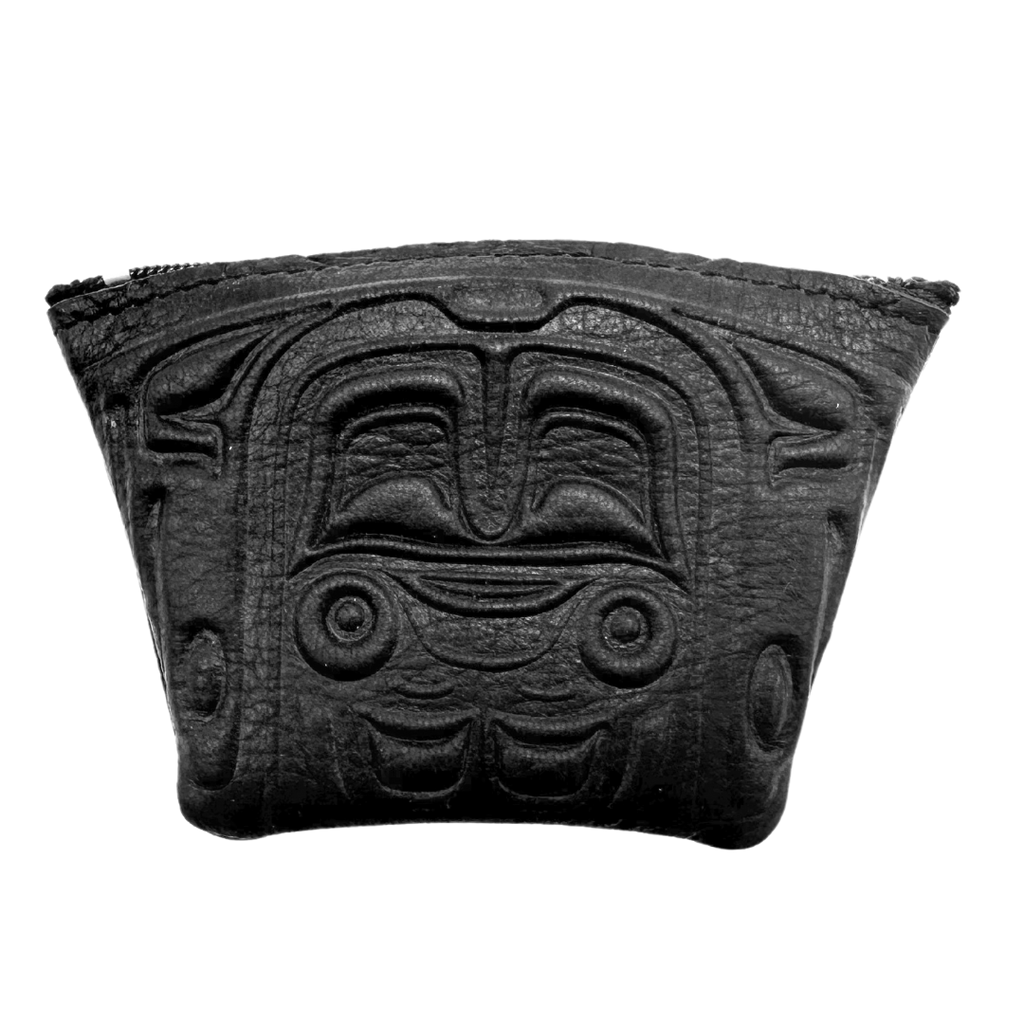 This stunning black coin purse made of soft handmade deerskin features a beautiful embossing of a First Nations bear