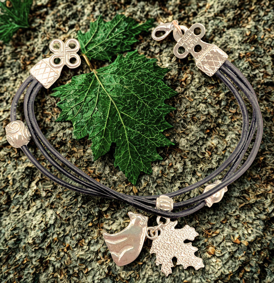 Black Leather Bracelet - Polar Bear & Maple Leaf Charms