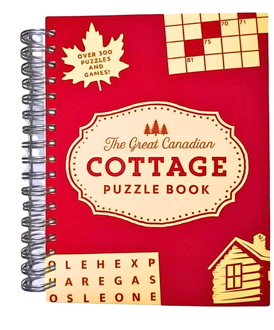 Red puzzle book titled 'The Great Canadian Cottage Puzzle Book' with a crossword and sudoku puzzle illustration on the cover.