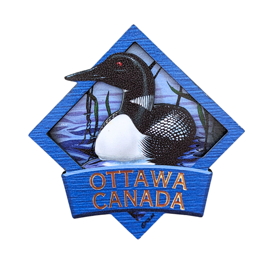 Cobalt blue bordered diamond shaped wooden magnet. Vibrant Canadian loon centered on reflective water. 