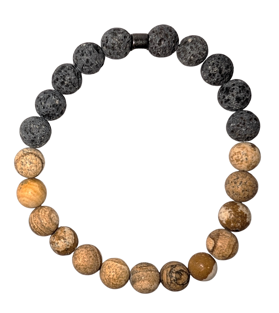 Bracelet with one half of brown jasper beads and the other with black lava beads.
