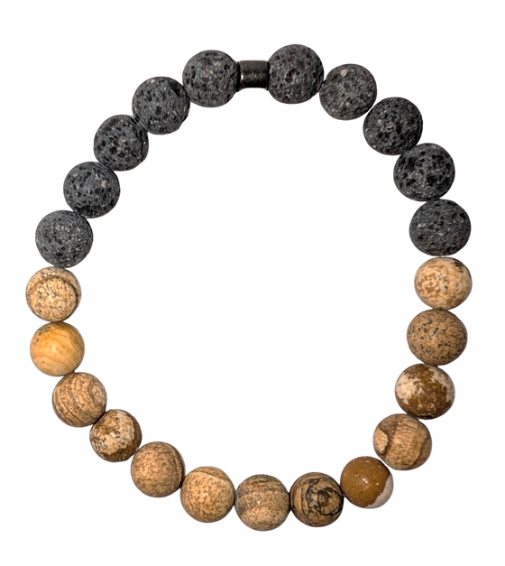 Bracelet with one half of brown jasper beads and the other with black lava beads.