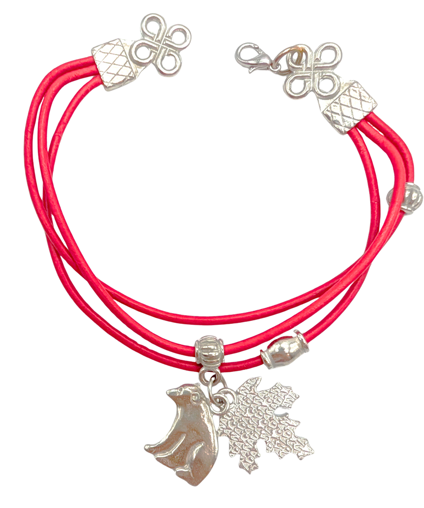Red Leather Bracelet - Polar Bear & Maple Leaf Charms