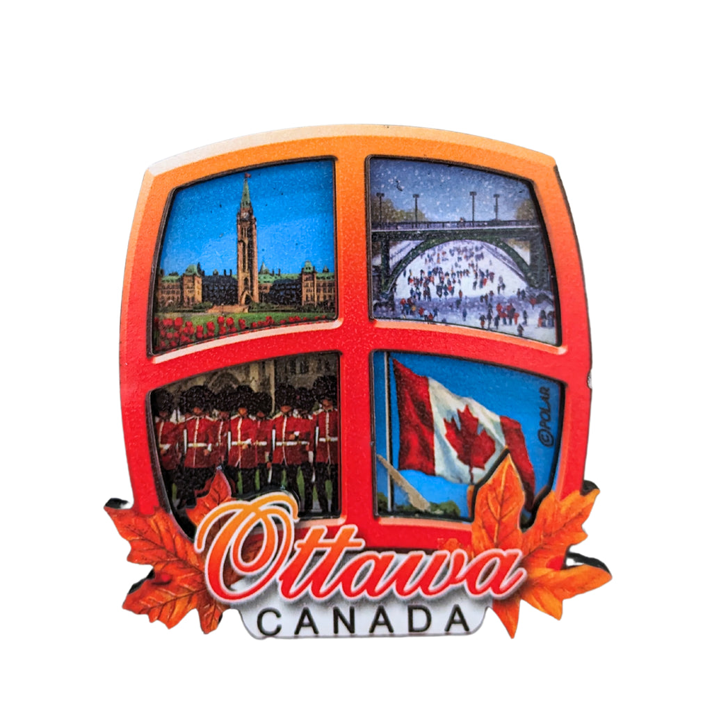 A wooden magnet depicting an orange window with 4 square panes, each with a different canadian-themed image. The top left image is of the Parliament building, the top right is of people skating on the Rideau Canal under Pretoria Bridge, the bottom left is of several Canadian Grenadier Guards, and the bottom right is of a Canadian flag in the wind. The bottom of the magnet reads Ottawa, Canada, with two maple leaves on either side.