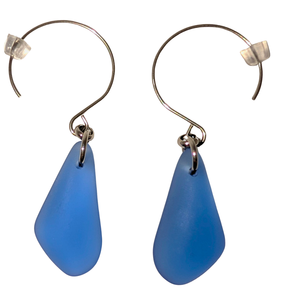 Navy teardrop sea glass earrings with silver hooks.