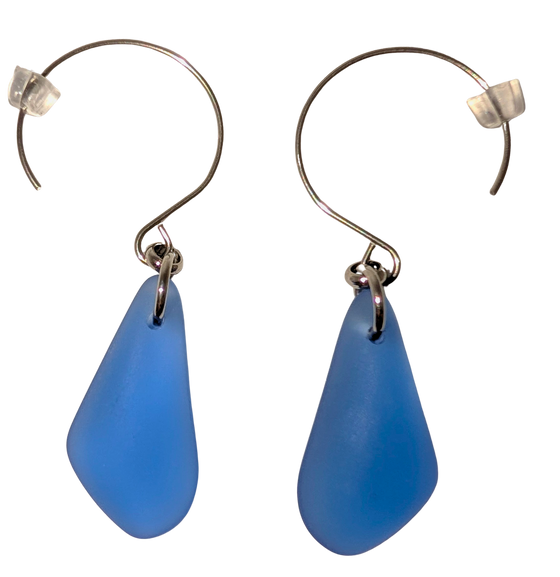 Navy teardrop sea glass earrings with silver hooks.