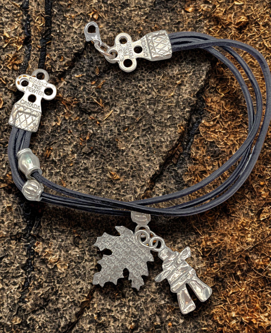 Black Leather Bracelet - Inukshuk & Maple Leaf Charms