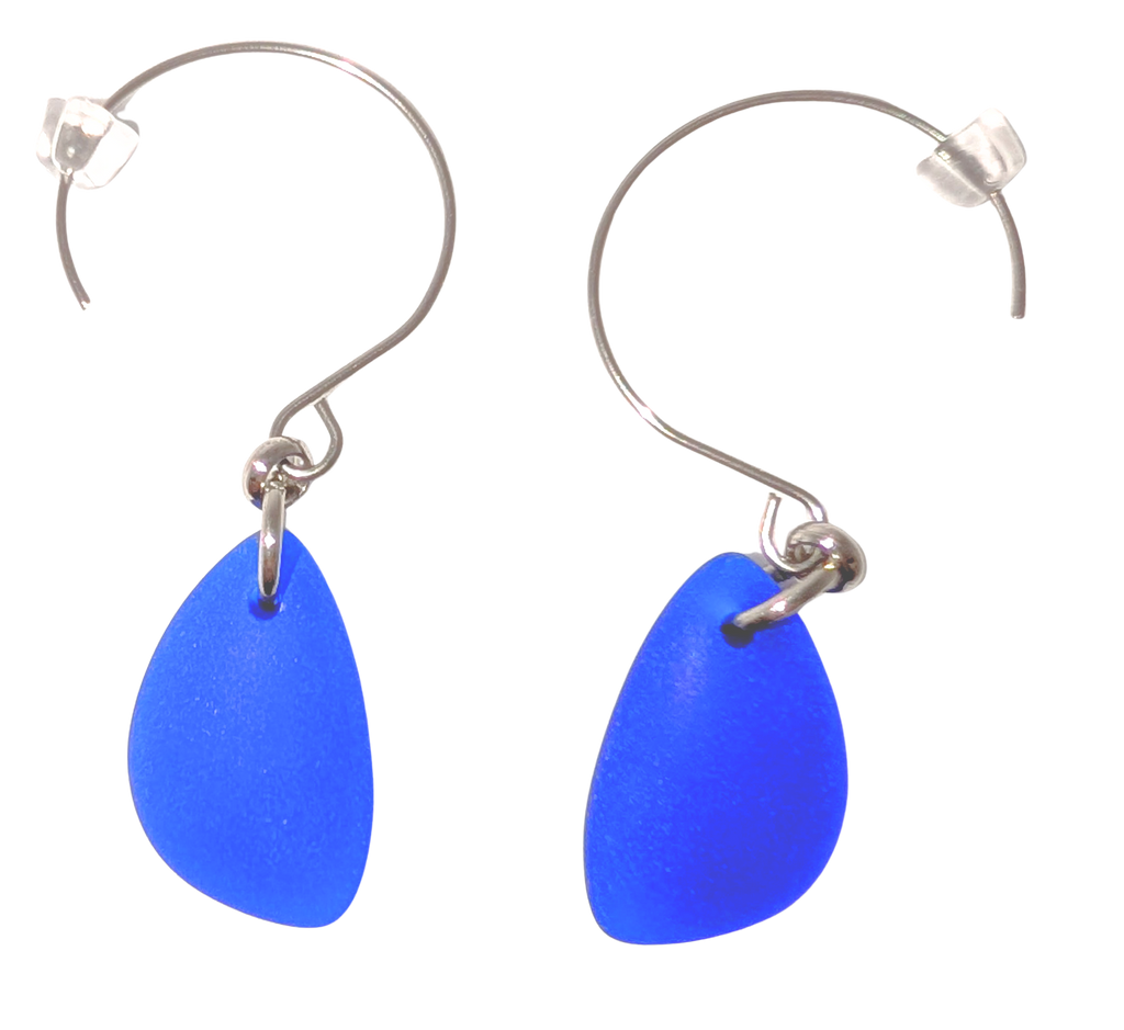 Navy teardrop sea glass earrings with silver hooks.