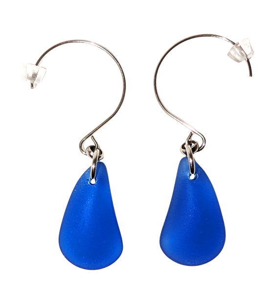 Navy teardrop sea glass earrings with silver hooks.